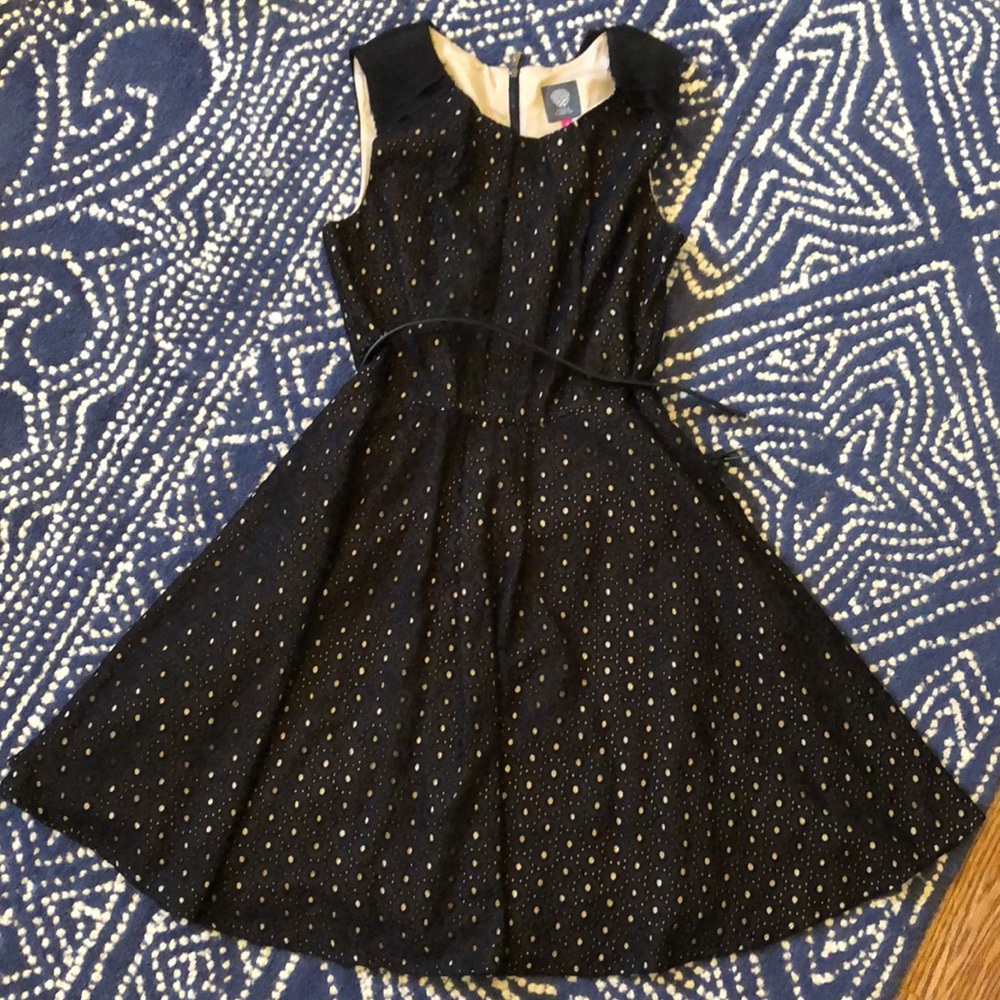 Vince Camuto, belted, black eyelet dress